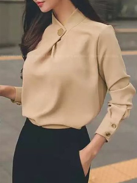 

Elegant Simple Regular Fit Vintage Stand Collar Top, Khaki, Blouses and Shirts