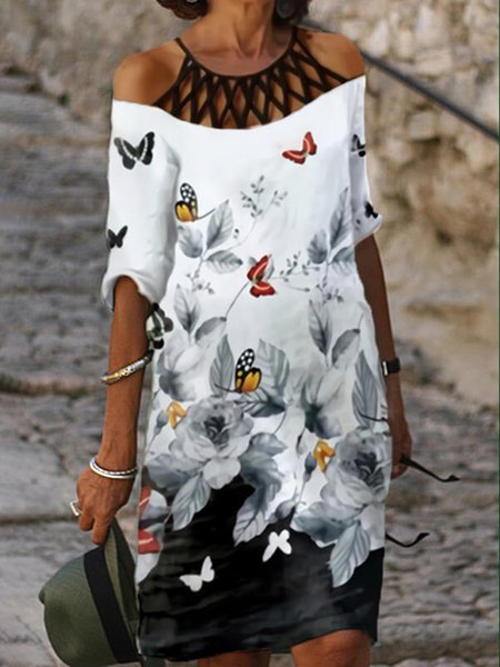 

Butterfly Print Cold Shoulder Knee Length Casual Tunic Dresses Hollow out Patchwork, White, Tie dye dress
