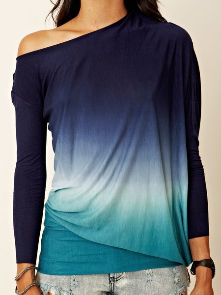 

Asymmetrical Neck Loosen Vacation Shirts & Tops, Blue, Tops