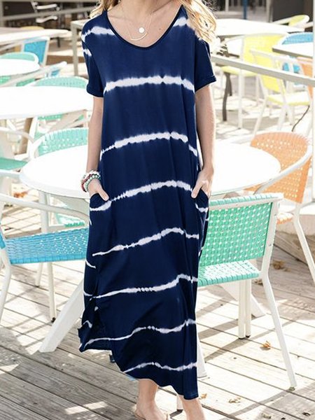 

V Neck Casual Striped loosen Short sleeve Knit Dress, Deep blue, Maxi Dresses