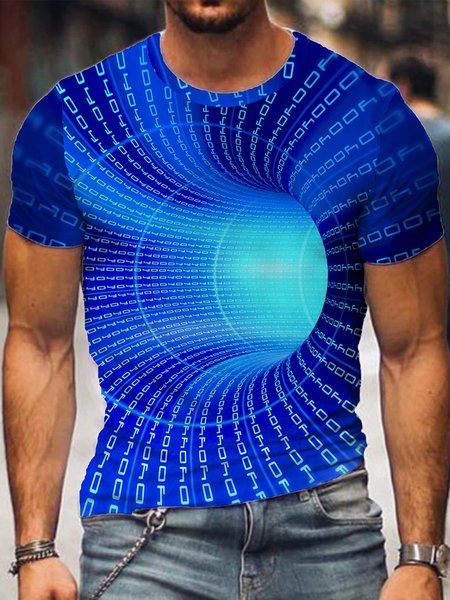 

Abstract 3D pattern printed round neck short-sleeved T-shirt, Blue, T-shirts