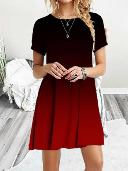 

Gradient Round Neck Short Sleeve Casual Mini Dresses, Red, Mini Dresses