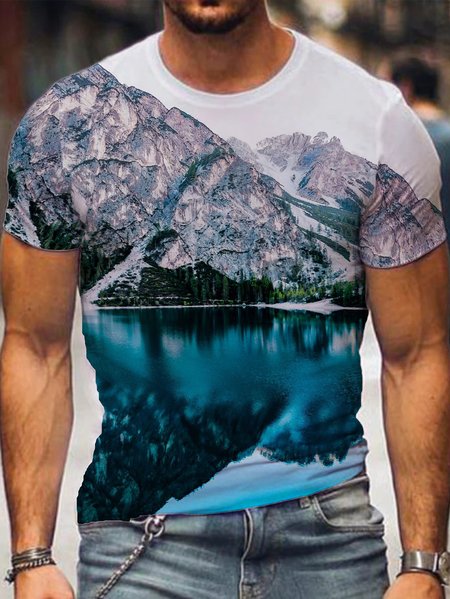 

3D landscape print round neck short-sleeved T-shirt, As picture, T-shirts