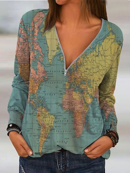 

Casual V Neck Sea Global digital mapShirts & Tops, Multicolor, Blouses & Shirts