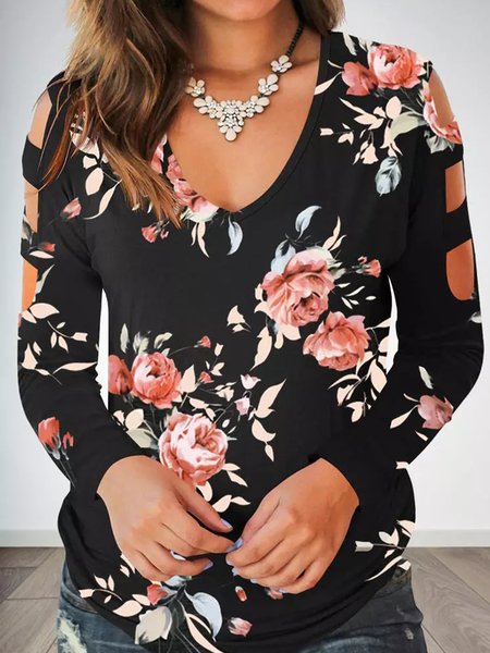 

V Neck Loosen Floral Shirts & Tops, Black, Tops