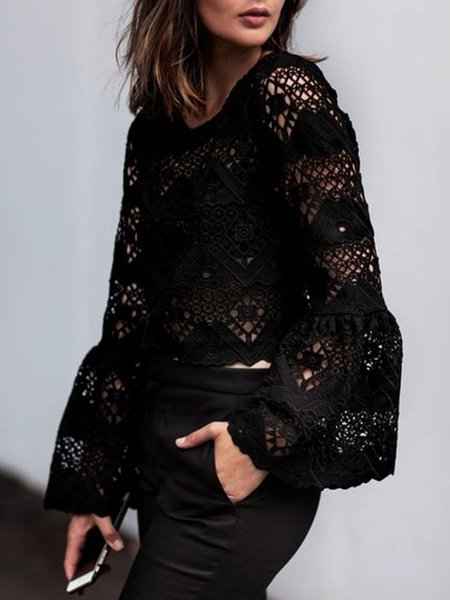 

Elegant Crew Neck Lace Long Sleeve Top, Black, Blouses and Shirts
