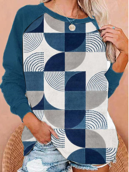 Raglan Sleeve Crew Neck Geometric Casual Sweatshirt, Blue, Sweatshirts & Hoodies