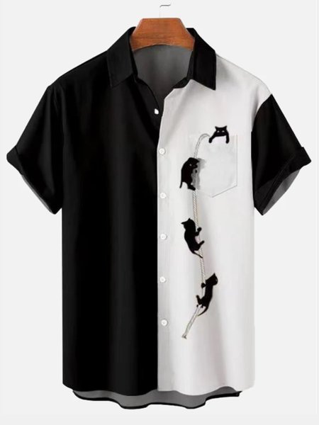 

Fun Cat Pocket Print Short-Sleeved Shirt, Black, Men's Floral shirt