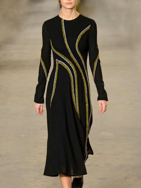 

Date Crew Neck Elegant Midi Dress, Black, Midi Dresses