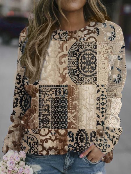 

Ethnic pattern printed round neck long-sleeved sweatshirt, As picture, Hoodies&Sweatshirts
