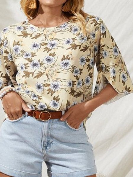 

Casual Bohemian Floral Print Slit Sleeve Top, Multicolor, Tops