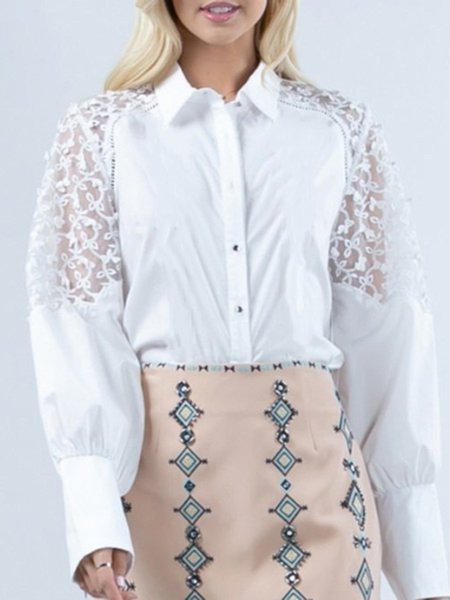 

Work Shirt Collar Elegant Solid Shirt, White, Blouses and Shirts