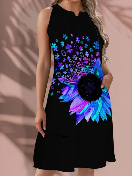 

Casual Sleeveless Plus Size Printed Dress, Black, Midi Dresses