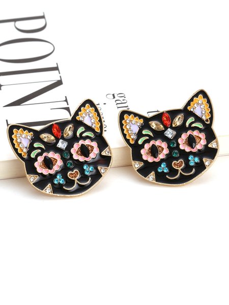 Dripping Alloy Rhinestone Animal Cat Stud Earrings, As picture, Earrings