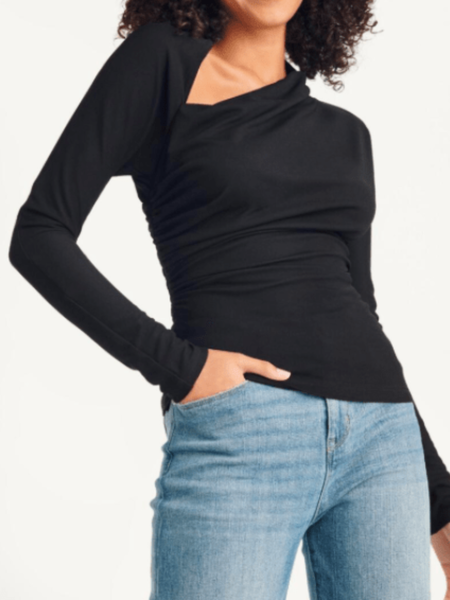 

Spring Simple Long sleeve Asymmetrical Neck Daily Tops, Black, Tees