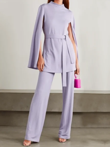 

Spring Long sleeve Plain Elegant Top With Pants Work Formal Suits, Purple, Pants Set