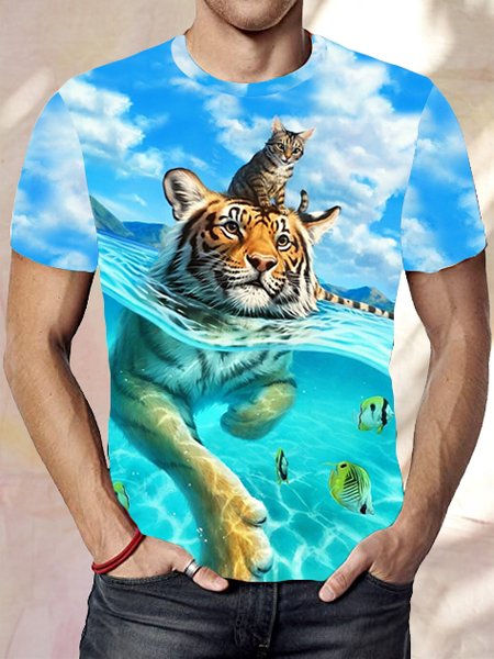 

Lion And Sea Print Crew Neck Funny Shirts & Tops, As picture, T-shirts