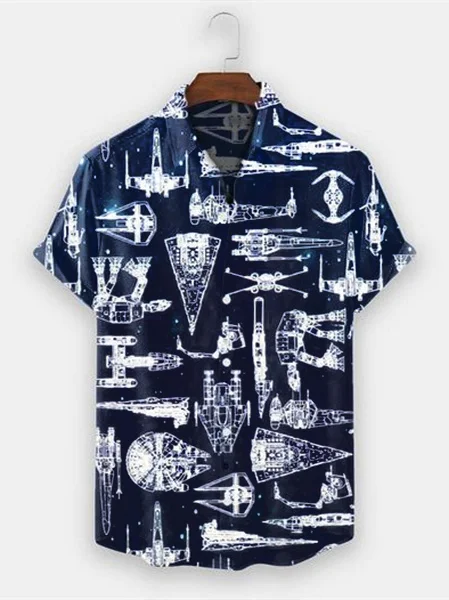 

Mens Star Wars Aerospace Machine Print Casual Breathable Short Sleeve Hawaiian Shirt, Blue, Shirts ＆ Blouse