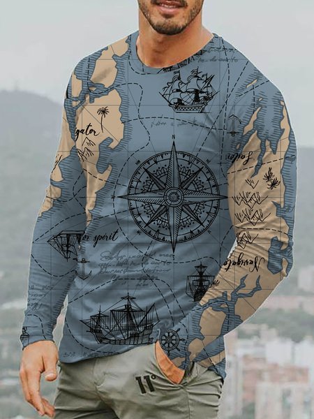 

3D Retro Map Graphic Long Sleeve Casual Tee, T-shirt