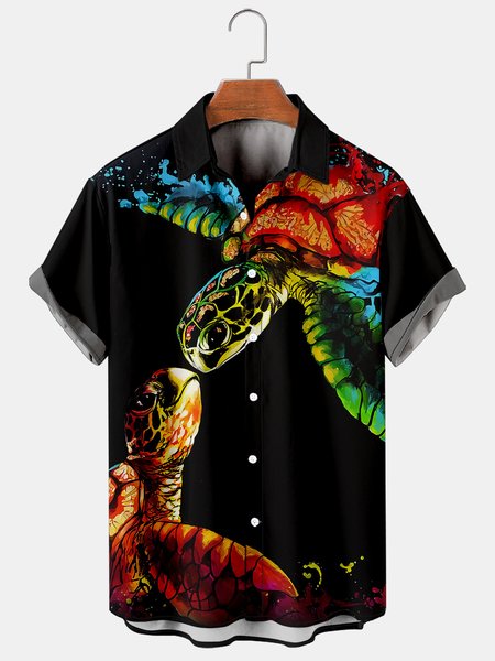 

Mens Turtle Print Casual Breathable Hawaiian Short Sleeve Shirt, As picture, Men's Floral shirt