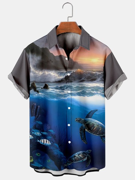 

Mens Turtle Print Casual Breathable Hawaiian Short Sleeve Shirt, As picture, Shirts ＆ Blouse