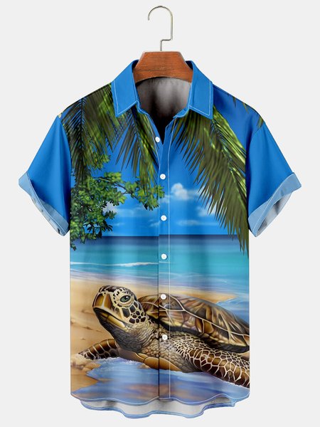 

Mens Turtle Print Casual Breathable Hawaiian Short Sleeve Shirt, As picture, Men's Floral shirt