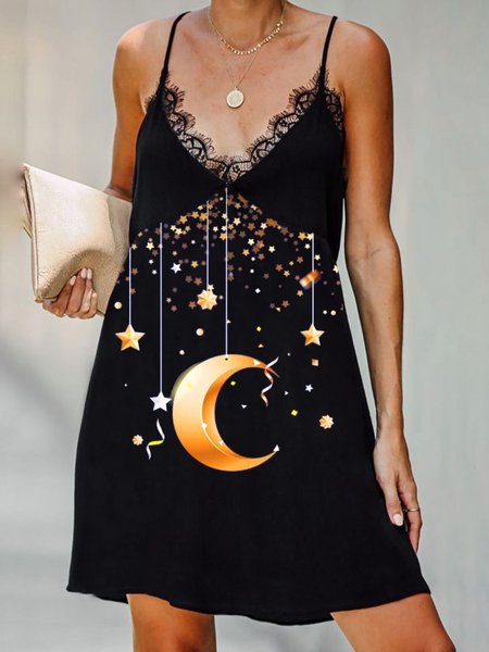 

Casual Sleeveless Plus Size Printed Dress（Not sequins but prints）, Black, Mini Dresses