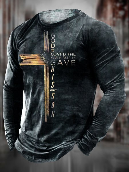 

Men's Cross Pattern Casual Round Neck Long Sleeve Tee, Black, T-shirt