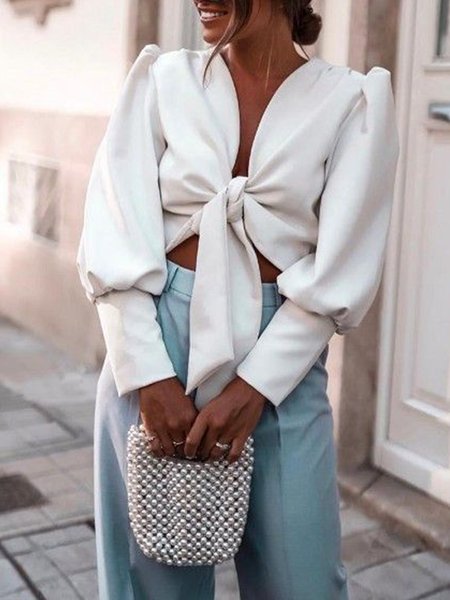 

Cute V Neck Regular Fit Crop Top, White, Tops