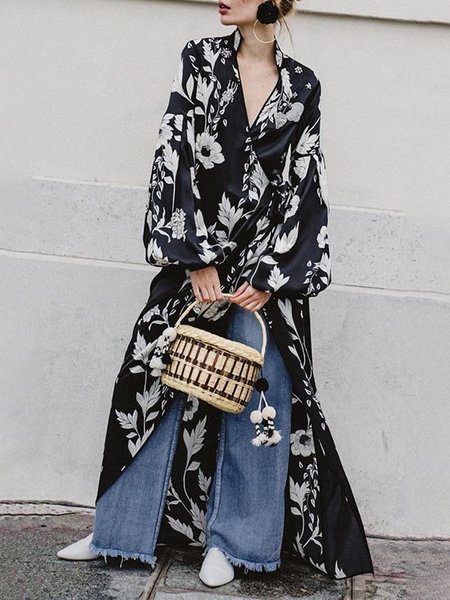 

Vacation Cross Front Long Sleeve Kimono, Black, Kimonos