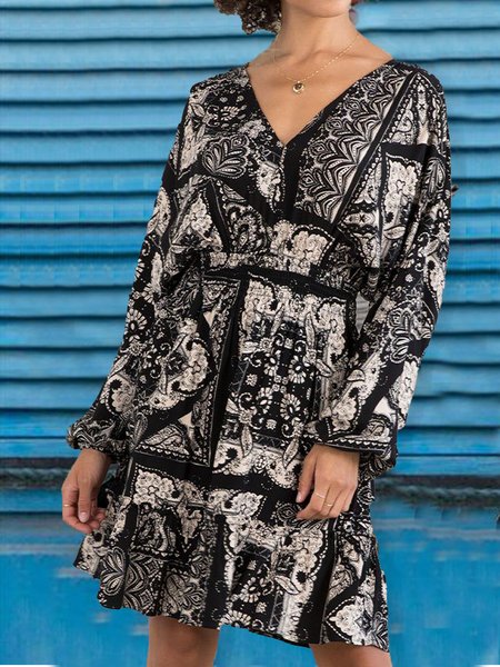 

Loosen Vacation Off Shoulder Floral Dresses, Black-white, Mini Dresses