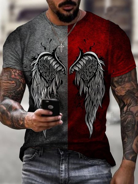 

Men's Casual 3D Print Contrast Wings Street Crew Neck Shirts & Tops, Red, T-shirts