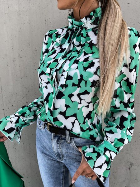 

Lady Elegant Ruffle Collar Lady Regular Fit Top, Green, Tops
