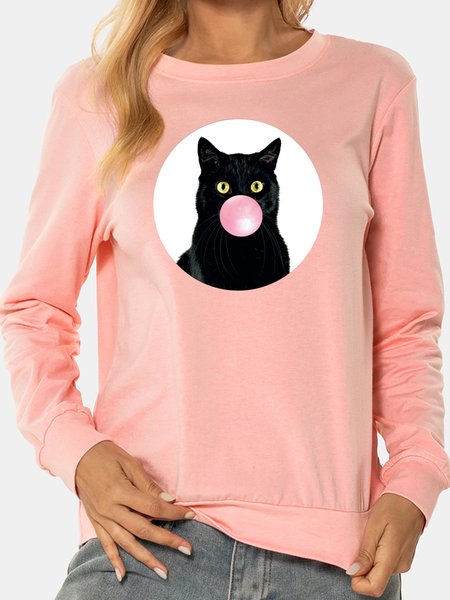 

Unocis Cat Print Round Neck Long Sleeve Sweatshirt, Pink, Sweatshirts