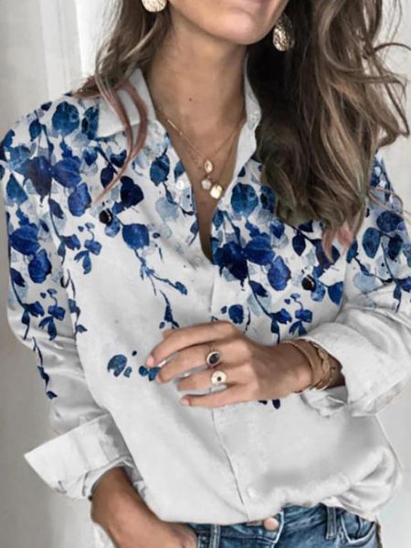 

Plants Printed Shirt Collar Loosen Long Sleeve Shirts & Tops, White, Shirts & Blouses