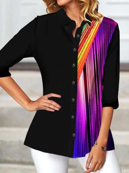 

Casual Three Quarter Shirt Collar Plus Size Printed Tops Blouses, Black, Blouses & Shirts