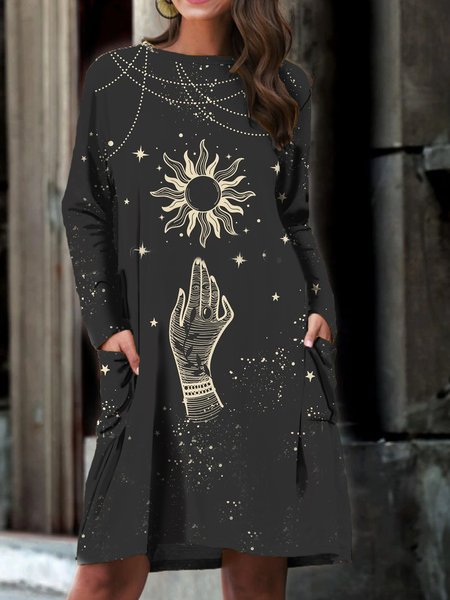 

Star Crew Neck Long Sleeve Boho Straight Mini Dresses, Black, Mini Dresses