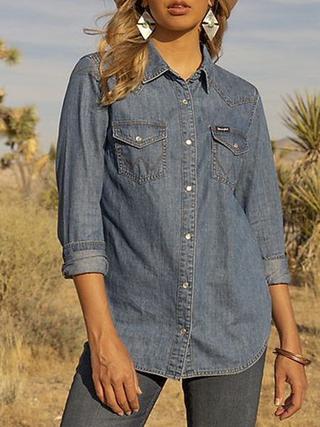 

Loosen Shirt Collar Denim Shirts & Tops, Blue, Shirts & Blouses
