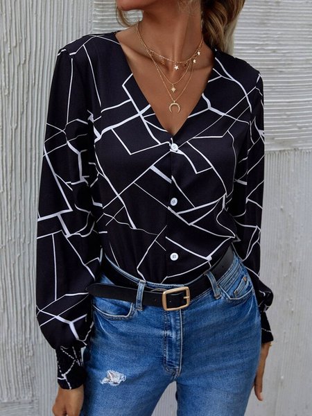 

Geometric Simple V Neck Shirts & Tops, Black, Blouses & Shirts