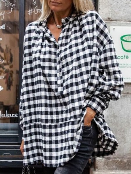

Checked/Plaid Shirt Collar Loosen Shirts & Tops, Black-white, Tops