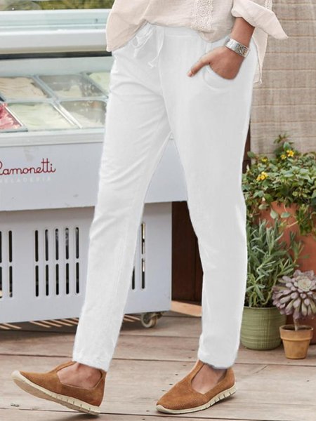 

Drawcord Tapered Elastic Waist Casual Loosen Long Pants, White, Pants