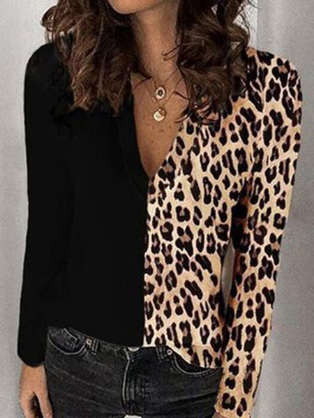 

Long Sleeve Leopard Casual V Neck Shirts & Tops, Black, T-Shirts