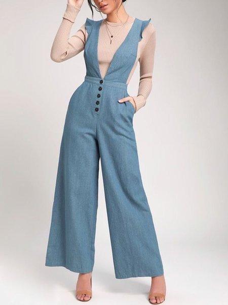 

Casual Regular Fit Wide Leg Daily Pants, Blue, Jumpsuits
