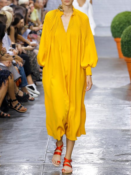 

Vacation Loosen Pleated V Neck Solid Dress, Yellow, Maxi Dresses