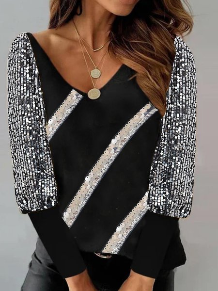 

Long sleeve V-neck patternless patchwork Sequin mesh fabric Sequin ribbon design top T-shirt Plus Size, Black, Long sleeve tops