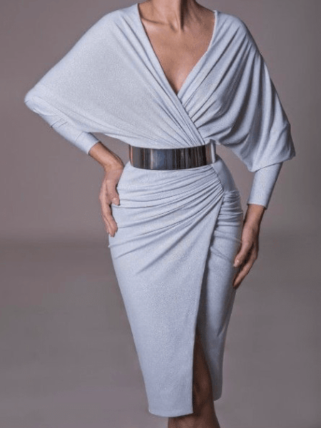 

Spring Long sleeve Plain Slim Fit V Neck Formal Date Dresses, Gray, Midi Dresses
