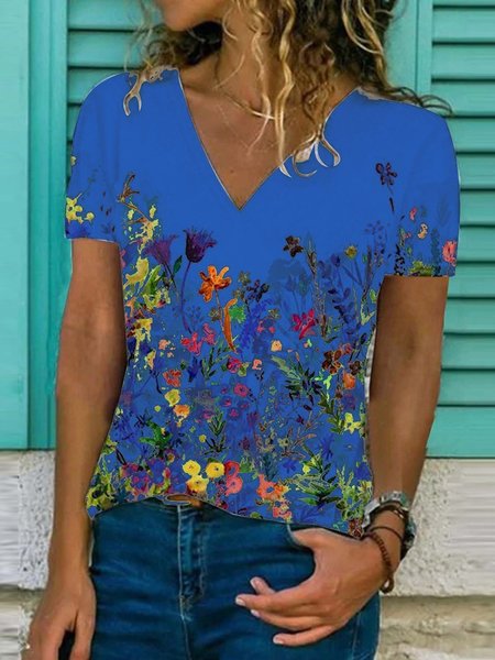 

Floral Loosen V Neck Shirts & Tops, Blue, Tops