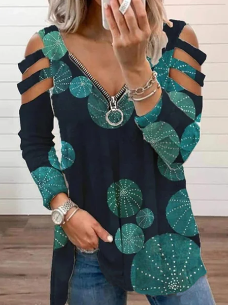 

Casual V Neck Tops, Black green, Tops