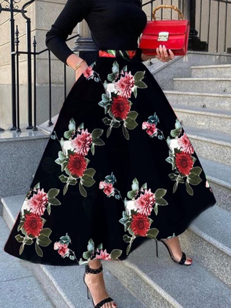 

Vintage Color Block Floral Skirts, Black, Skirts