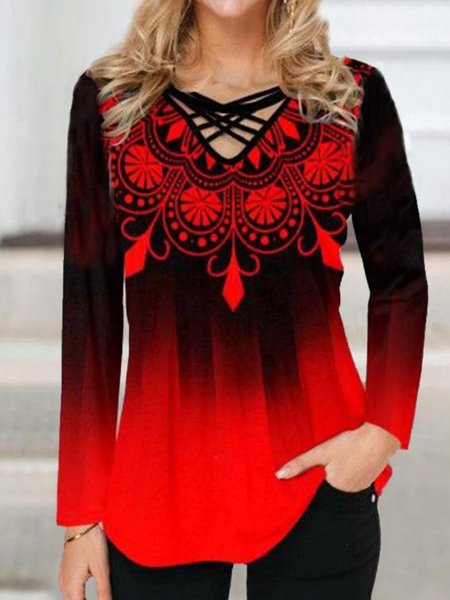 

Long Sleeve Gradient Casual V Neck Shirts & Tops, Red, Tops